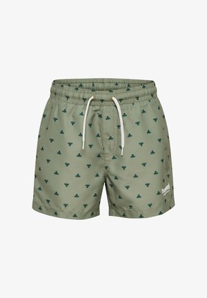 Grüne Badeshorts aus leichtem Stoff, mit einem dezenten durchgängigen Muster in Dunkelgrün, ausgestattet mit einem elastischen Bund und Kordelzug.