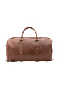 Sac de sport en cuir marron avec deux poignées supérieures, quincaillerie en ton doré, couture contrastée et une texture lisse et polie.