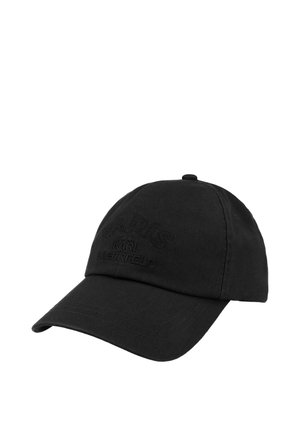 Cappellino da baseball nero con visiera curva, con testo ricamato "PARIS KARL LAGERFELD" sul pannello frontale.