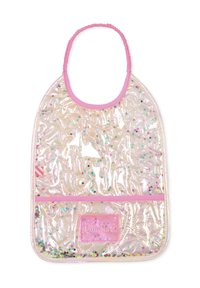 Bavoir transparent et brillant avec une bordure rose et une poche. Orné de paillettes colorées en forme d'étoile. Léger, facile à nettoyer.