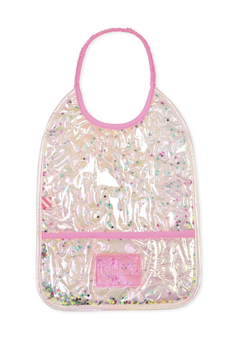 Bavoir transparent et brillant avec une bordure rose et une poche. Orné de paillettes colorées en forme d'étoile. Léger, facile à nettoyer.