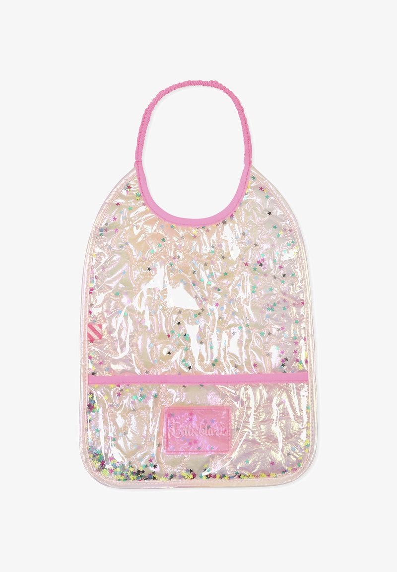 Bavoir transparent et brillant avec une bordure rose et une poche. Orné de paillettes colorées en forme d'étoile. Léger, facile à nettoyer.