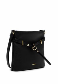 Black leather crossbody bag with adjustable strap, gold ring and buckle details, and small gold logo on the front.