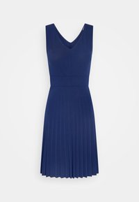 Robe sans manches bleu marine avec décolleté en V, taille cintrée et jupe plissée. Confectionnée en tissu lisse, elle présente un design minimaliste.