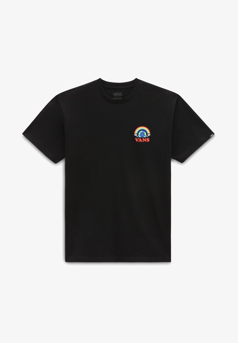 T-shirt Vans noir à manches courtes avec un motif coloré d’arc-en-ciel et de la Terre au-dessus du logo Vans sur la poitrine gauche.