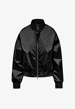Black shiny bomber jacket with front zipper, ribbed collar, cuffs, and hem, and two angled side pockets.
