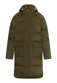 Jachetă puf olive verde cu glugă, fermoar frontal complet și două buzunare aplicate în față. Textură netedă cu secțiuni matlasate pentru izolație.