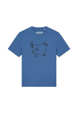 Blaues T-Shirt mit kurzen Ärmeln und einer einfachen schwarzen Linienzeichnung eines Huhns sowie dem Wort "le poulet" auf der Vorderseite.