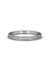 Bracciale in argento con superficie metallica liscia, forma rettangolare e una fila di piccole gemme trasparenti lungo un lato.