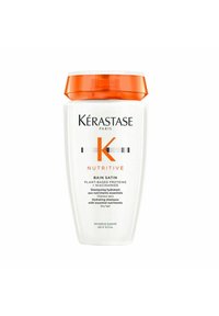 Kérastase Nutritive Bain Satin Shampoo-Flasche; weißer Kunststoffkörper, orangefarbener Deckel, silberner und schwarzer Text. Inhalt: 250 ml. Für trockenes Haar.
