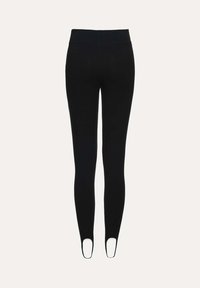 Fekete leggings, magas derékkal, kivágott talprészekkel és sima, rugalmas anyaggal. Egyszerű, testhez simuló dizájn.