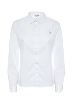 Camicia bianca a maniche lunghe in cotone con colletto button-down, dotata di bottoni in tono oro e un piccolo logo ricamato sul petto.