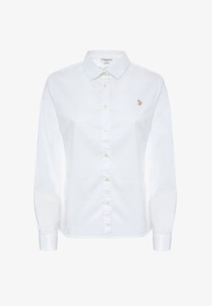 Camicia bianca a maniche lunghe in cotone con colletto button-down, dotata di bottoni in tono oro e un piccolo logo ricamato sul petto.