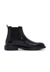 Stivale Chelsea in pelle nera con pannello elastico ai lati, tacco basso, punta rotonda e linguetta sul retro, mostrato in profilo destro su sfondo bianco.