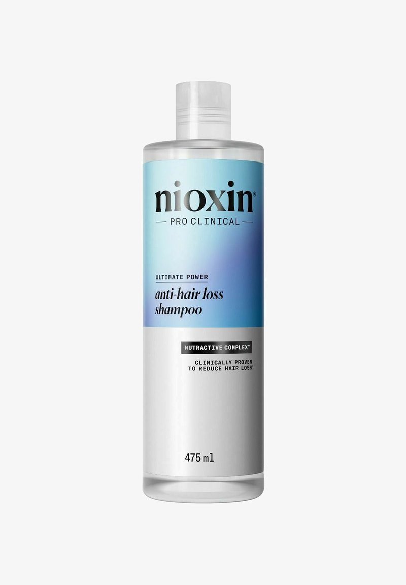 doorzichtige plastic fles met 475 ml lichte blauwe anti-haaruitvalshampoo, gelabeld "Nioxin Pro Clinical," met een flip-topdop.