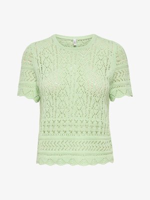 Lysegrøn, kortærmet striktop med indviklede hulmønstre og bølgede kanter på ærmer og kant.