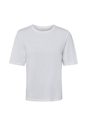 T-shirt blanc uni à manches courtes avec col rond, coupe régulière et tissu lisse, présenté sur fond blanc.