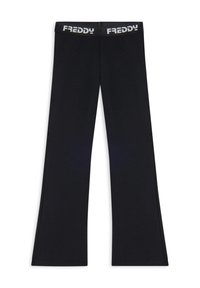 Leggings neri a campana realizzati in tessuto elasticizzato con una ampia vita elastica che presenta il nome del marchio "FREDDY" in bianco.