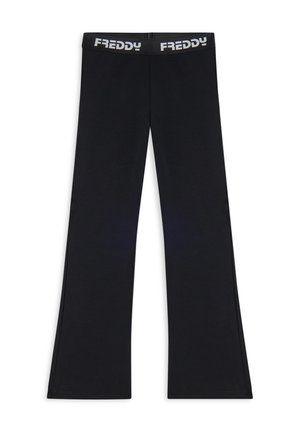 Leggings neri a campana realizzati in tessuto elasticizzato con una ampia vita elastica che presenta il nome del marchio "FREDDY" in bianco.