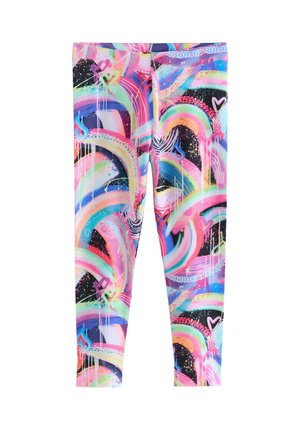 Leggings colorés avec un motif abstrait vibrant comportant des tourbillons de rose, bleu et noir, fabriqués à partir d'un tissu extensible.