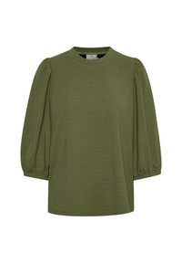 Blusa verde oliva texturizzata con scollo rotondo e maniche a sbuffo fino ai gomiti. Il tessuto presenta un sottile motivo a righe.