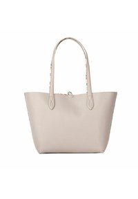 Bolso tote beige con acabado texturizado, asas dobles y acentos coloridos en el interior de las asas. Cuenta con un cierre superior de cremallera.