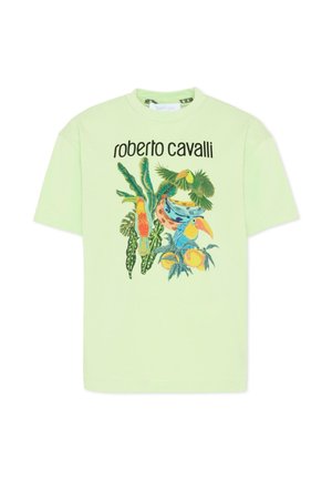 T-shirt vert clair avec le texte "roberto cavalli", agrémenté d'un motif coloré d'oiseaux tropicaux, de feuilles et de fruits sur le devant.