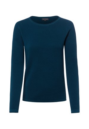 Pull en tricot bleu sarcelle foncé à manches longues avec un col rond et un motif texturé, présenté sur fond blanc.