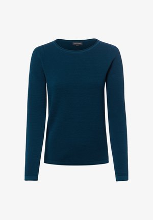 Pull en tricot bleu sarcelle foncé à manches longues avec un col rond et un motif texturé, présenté sur fond blanc.