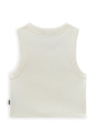 Top sin mangas de color crema con textura acanalada y escote redondeado. Presenta un dobladillo recto y una pequeña etiqueta de marca en el lateral.