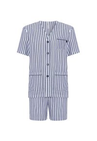 Conjunto de pijama corto a rayas azul y blanco hecho de tejido ligero, que presenta una camiseta de cuello en V con bolsillo y pantalones cortos a juego.