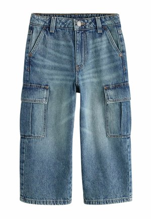 Blå denim cargoshorts med forlommer, klaplommer i siden, bæltestropper og knaplukning.