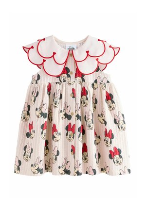 Ärmelloses rosa Kleinkindkleid mit Minnie-Maus-Gesichtsdrucken, Holzknöpfen vorne und großem weißem Kragen mit roten Ziernähten.