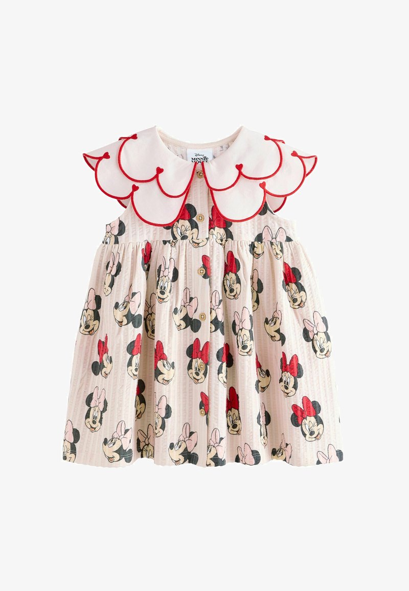Ujjatlan rózsaszín kisgyermek ruha Minnie Egér arcmintákkal, fa gombokkal az elején és nagy, fodros fehér gallérral, vörös szegéllyel.