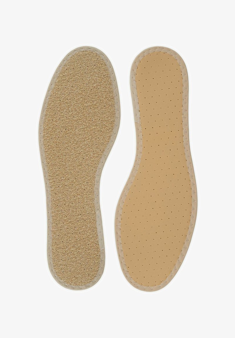 Två innersulor sida vid sida: en med en texturerad beige yta och den andra slät beige med perforeringar, båda kantade med ljus sömnad.