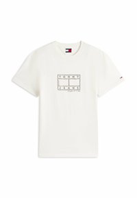 T-shirt in cotone bianco con logo stampato a forma di rettangolo con la scritta "TOMMY" e "JEANS". Maniche corte e un piccolo logo decorativo sulla manica.