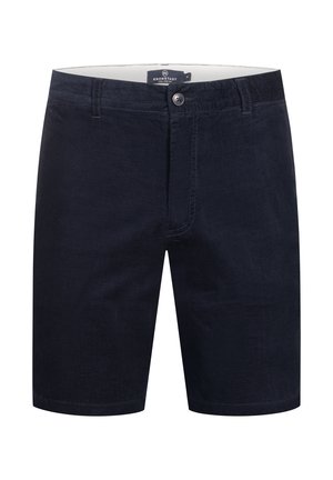 Marineblaue Shorts aus Baumwolle mit flachem Vorderteil, Knopfverschluss und Gürtelschlaufen. Sie verfügen über eine glatte Textur und ein klassisches Design.