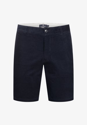 Marineblaue Shorts aus Baumwolle mit flachem Vorderteil, Knopfverschluss und Gürtelschlaufen. Sie verfügen über eine glatte Textur und ein klassisches Design.