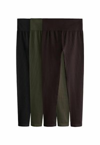 Drie paar ribgebreide leggings in zwart, donker groen en donker bruin. Elk heeft een brede elastische tailleband en een aansluitend ontwerp.