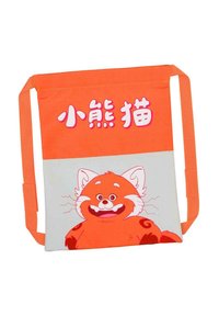 Bolsa de tela naranja con un fondo gris que presenta un panda rojo de dibujos animados. El texto en blanco y rosa sobre el panda añade un elemento decorativo.