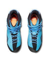 Chaussures d'escalade en aqua et noir, dotées d'une tige texturée, d'un capuchon renforcé et de lacets bleus, conçues pour une adhérence et des performances optimales.