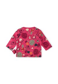 Rosa Langarmshirt mit einem verspielten Muster aus bunten Tieren und Formen, darunter Bären, Blumen und Kreise. Aus weichem Baumwollmaterial.