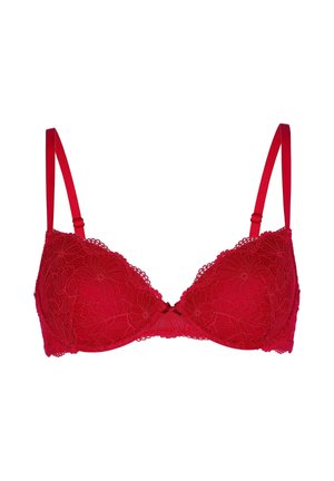 Sostenitore in pizzo rosso con motivo floreale, spalline sottili e regolabili, e un piccolo ornamento al centro. Texture morbida, ferretto per supporto.