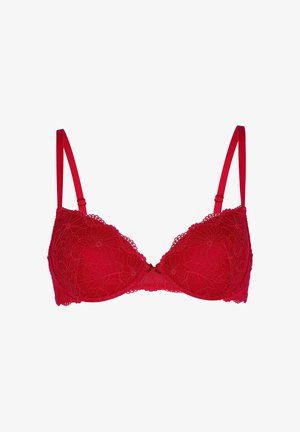 Sostenitore in pizzo rosso con motivo floreale, spalline sottili e regolabili, e un piccolo ornamento al centro. Texture morbida, ferretto per supporto.