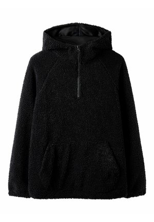 Giacca con cappuccio in pile nero con mezza zip frontale e tasca a marsupio, caratterizzata da un tessuto morbido e strutturato.