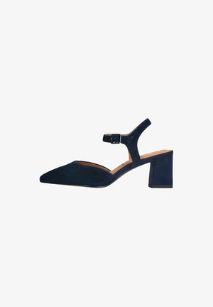 Navy suede high-heeled shoe with a pointed toe, ankle strap and buckle detail, and a block heel with a matte texture.