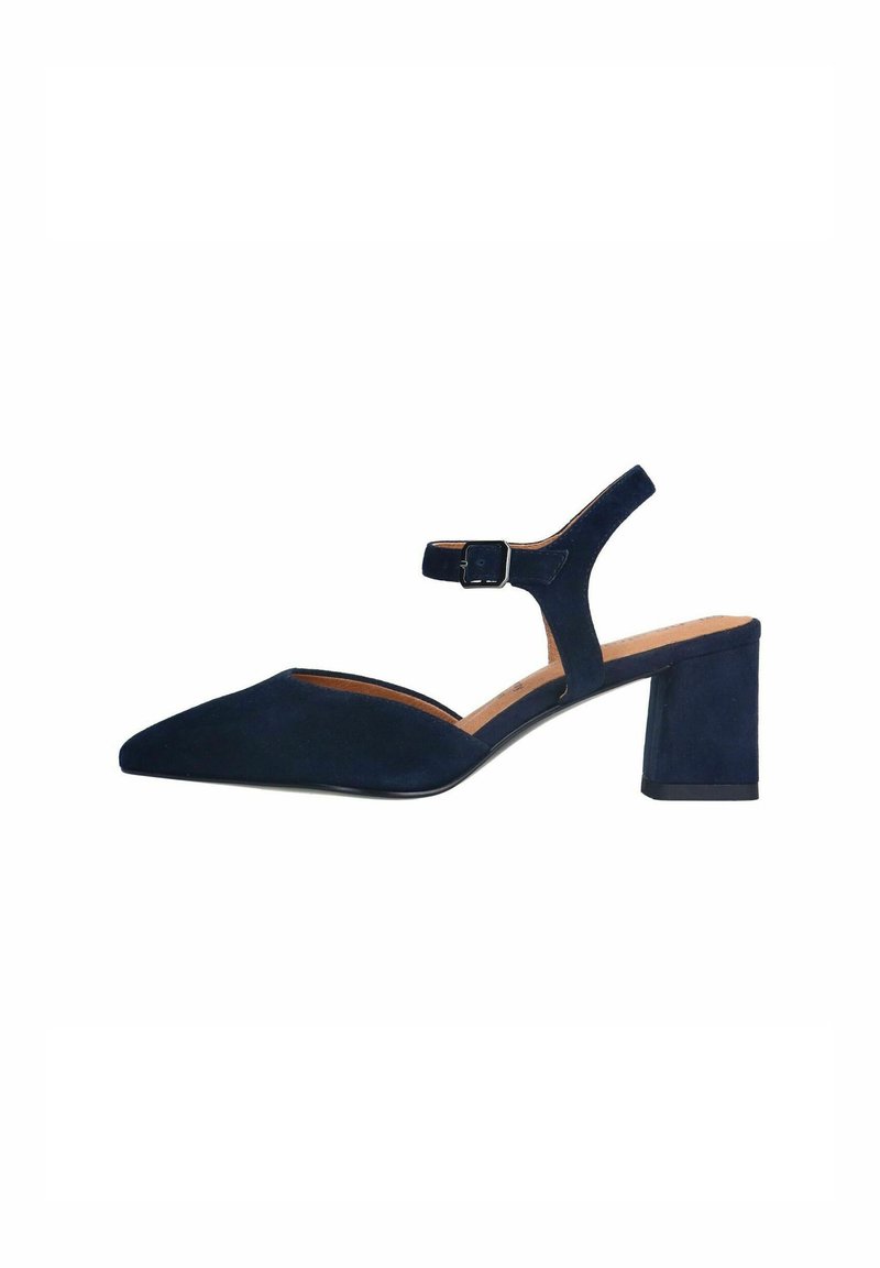 Navy suede high-heeled schoen met een spitse neus, enkelband en sluitsysteem, en een blokhak met een matte textuur.