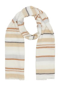 Gestreepte sjaal in beige, wit en grijs. Gemaakt van zacht materiaal met rafelige randen, voorzien van afwisselende horizontale strepen van verschillende breedtes.