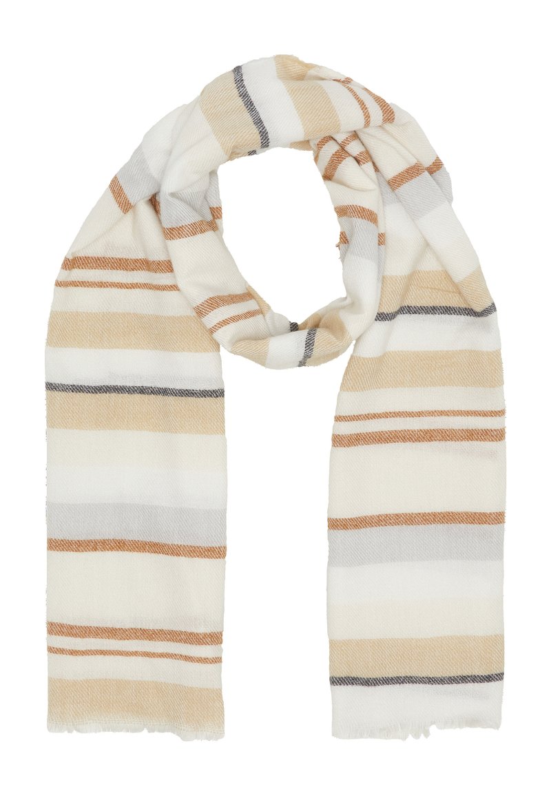 Gestreepte sjaal in beige, wit en grijs. Gemaakt van zacht materiaal met rafelige randen, voorzien van afwisselende horizontale strepen van verschillende breedtes.