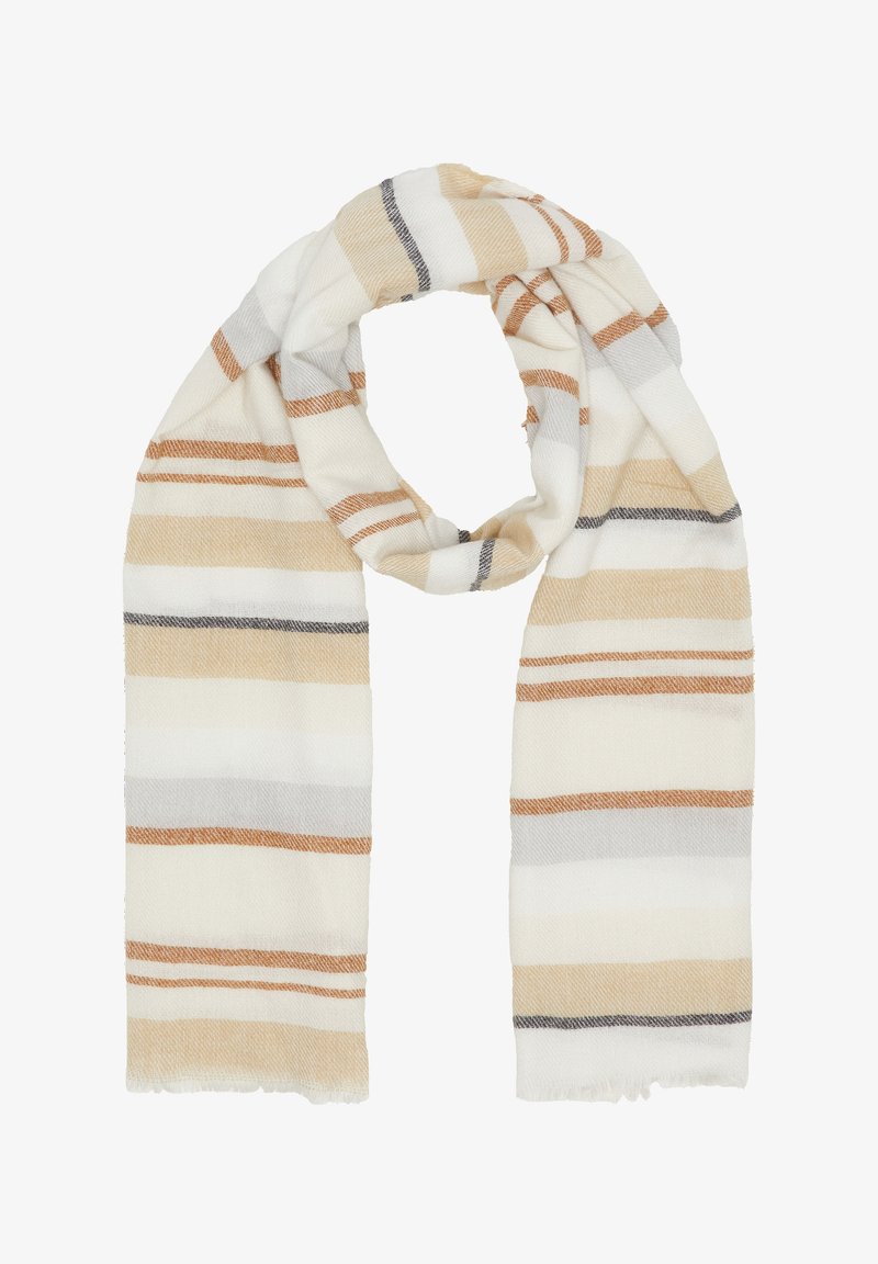 Écharpe rayée en beige, blanc et gris. Fabriquée en matériau doux avec des bords effilochés, présentant des rayures horizontales alternées de différentes largeurs.